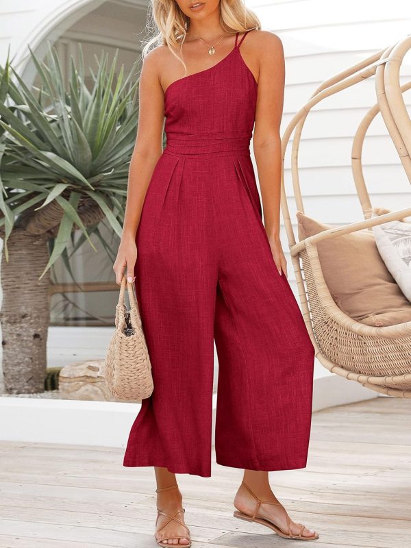 ANRABESS Women's Summer Straps One Shoulder High Waist Dressy Casual Wide Leg Linen Jumpsuit Romper Beach Travel Outfits - Image 82