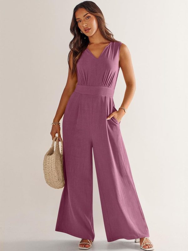 ANRABESS Jumpsuits for Women Summer Dressy Casual Linen Romper Sleeveless V Neck High Waist Wide Leg Beach Vacation Outfits - Image 32