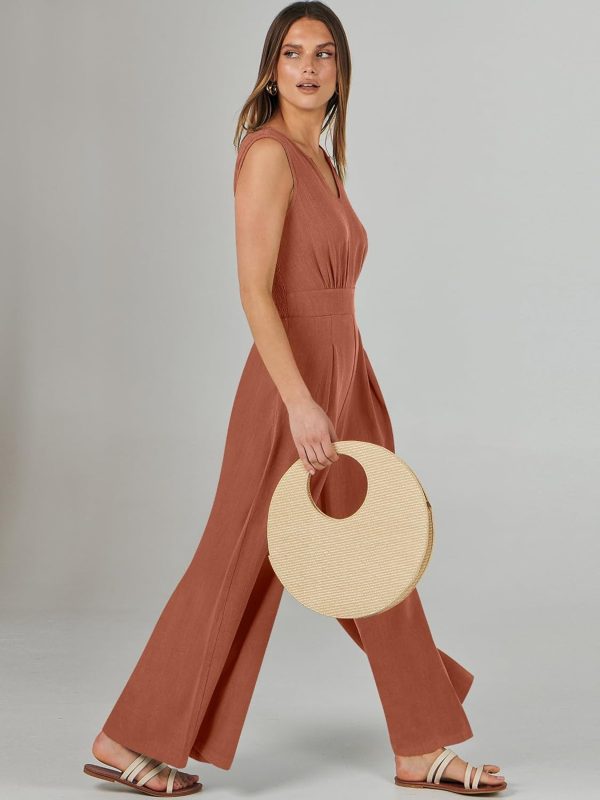 ANRABESS Jumpsuits for Women Summer Dressy Casual Linen Romper Sleeveless V Neck High Waist Wide Leg Beach Vacation Outfits - Image 69