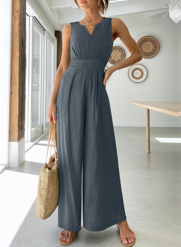 ANRABESS Jumpsuits for Women Summer Dressy Casual Linen Romper Sleeveless V Neck High Waist Wide Leg Beach Vacation Outfits - Image 74