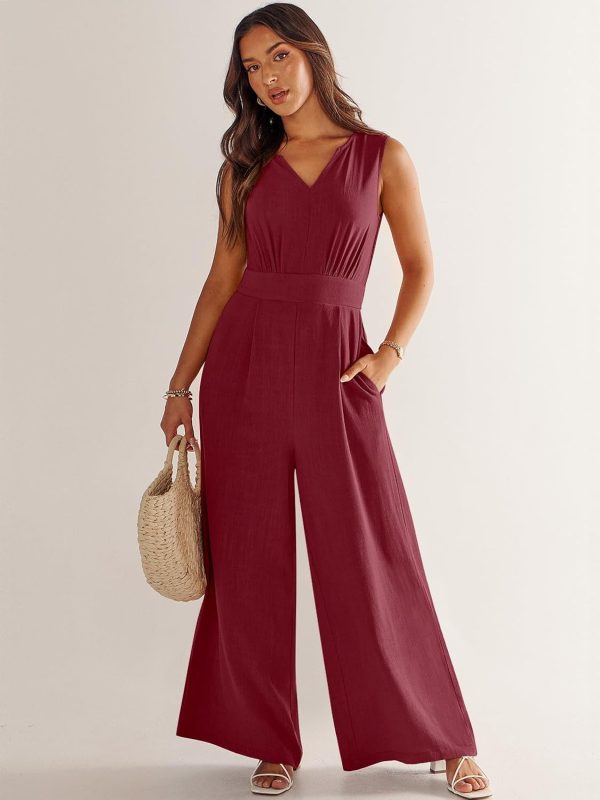 ANRABESS Jumpsuits for Women Summer Dressy Casual Linen Romper Sleeveless V Neck High Waist Wide Leg Beach Vacation Outfits - Image 94